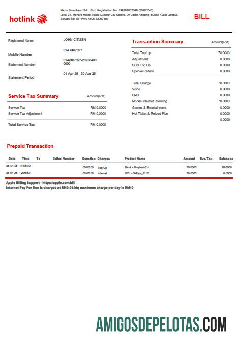 Em branco modelo de conta de serviços públicos Hotlink da Malásia em formatos Word e PDF